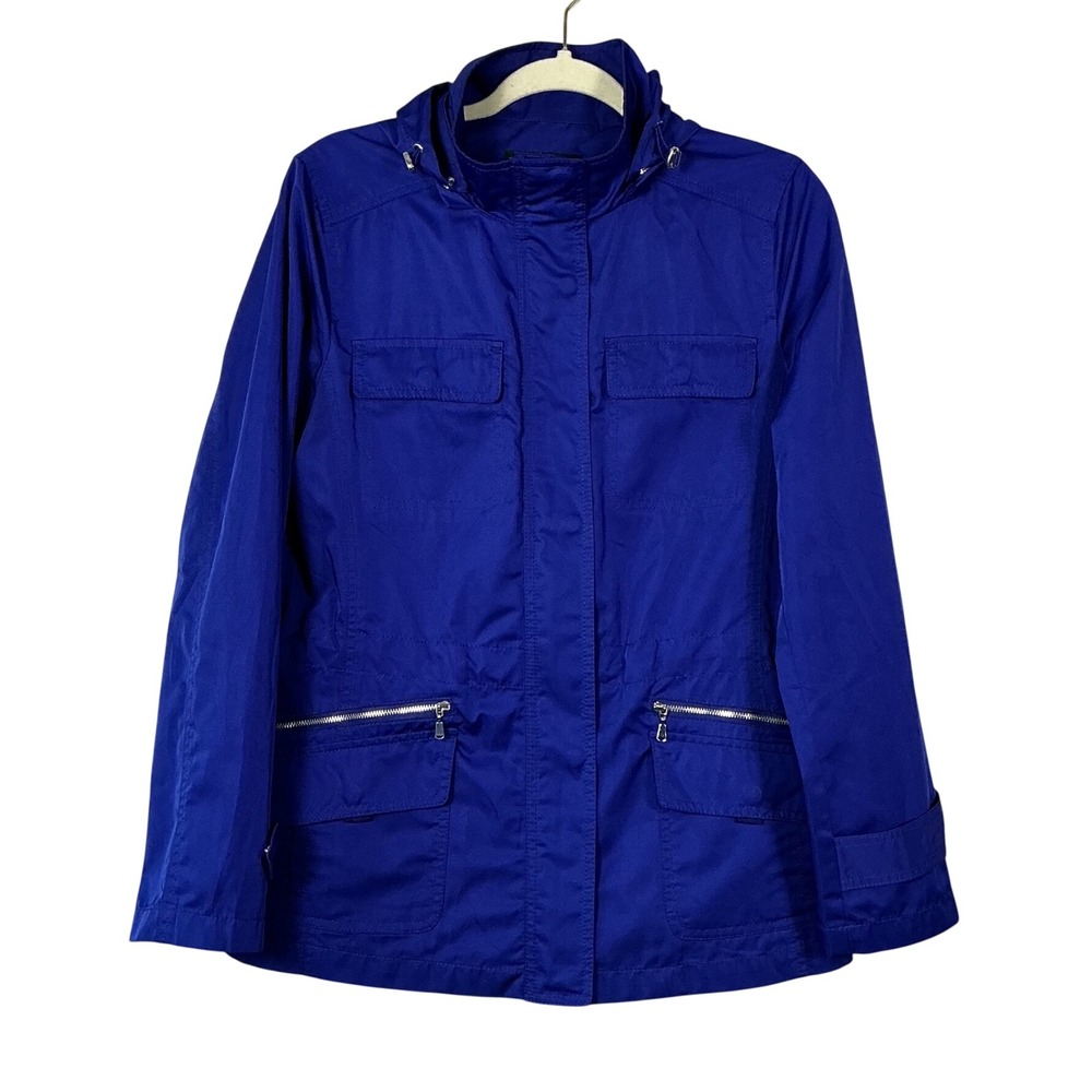 Talbots Women Royal Blue Utility Field Jacket Stowaway Hood Size 8